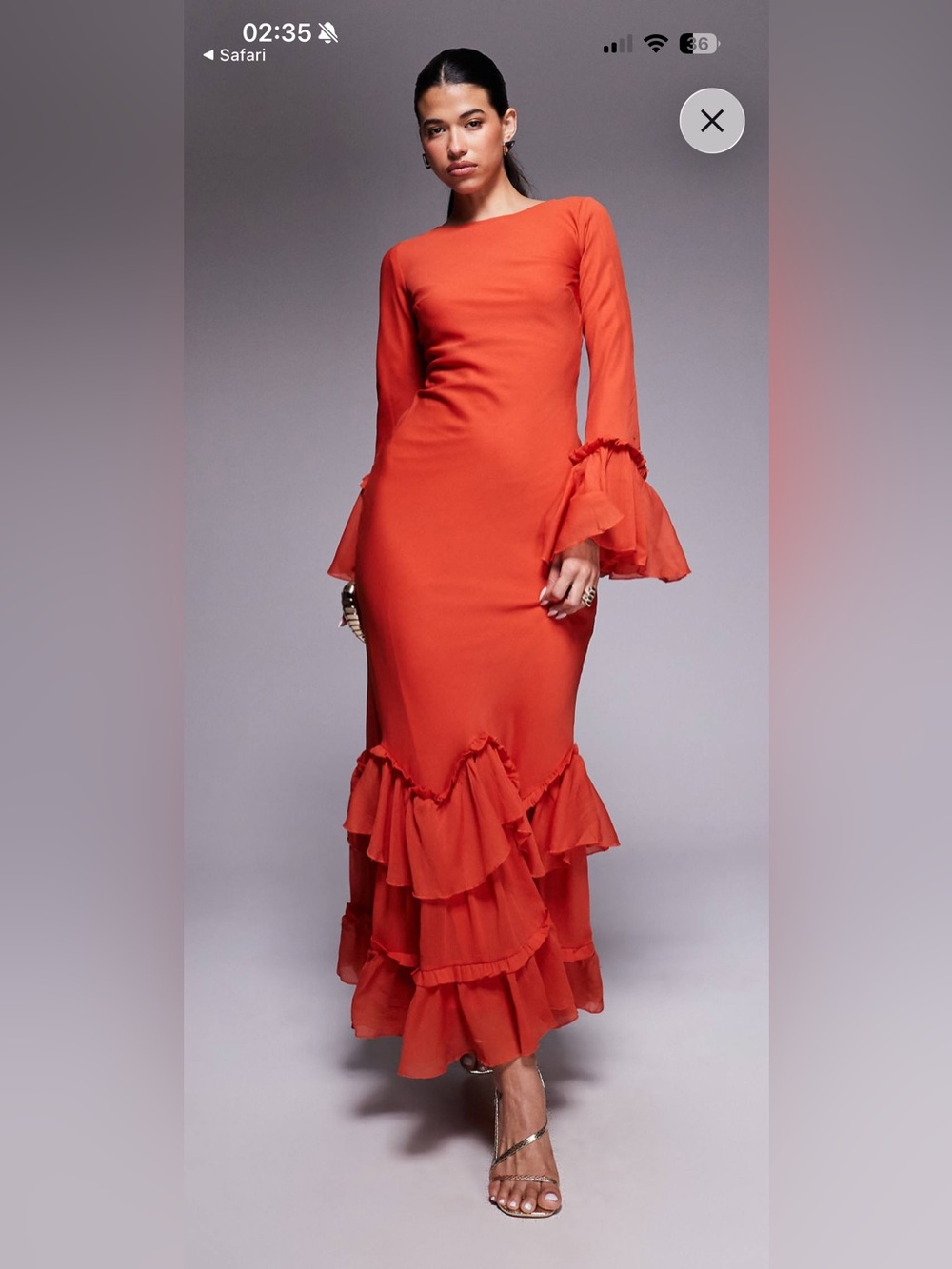 Red Ruffle-Sleeve Maxi Dress with Tiered Hem